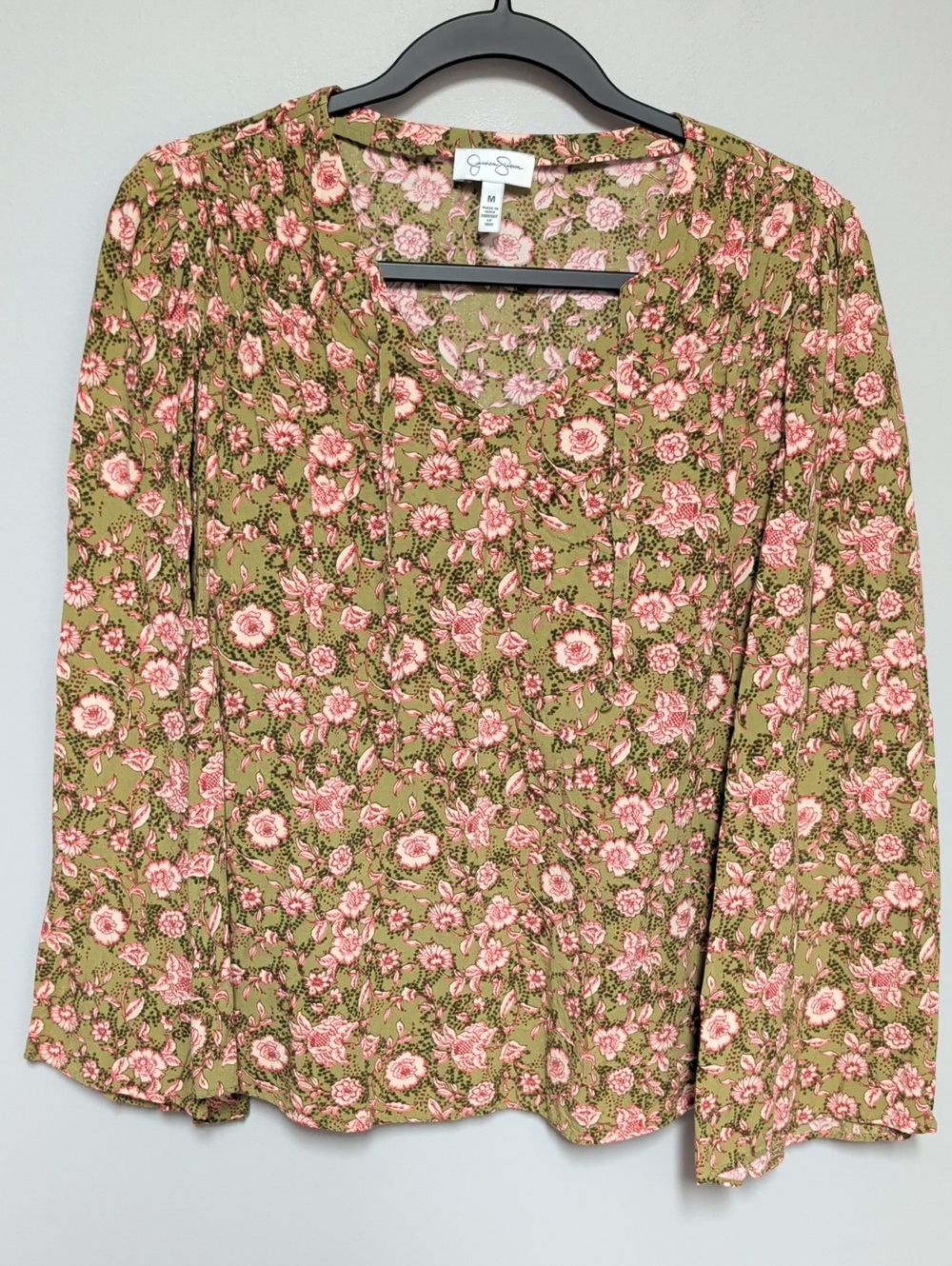 Jessica Simpson Olive and Pink Floral Scoop Neck Blouse